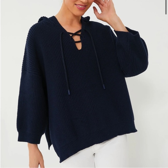 Tuckernuck Navy Knit Declan Pullover sweater size large navy blue hooded knit - Picture 2 of 11